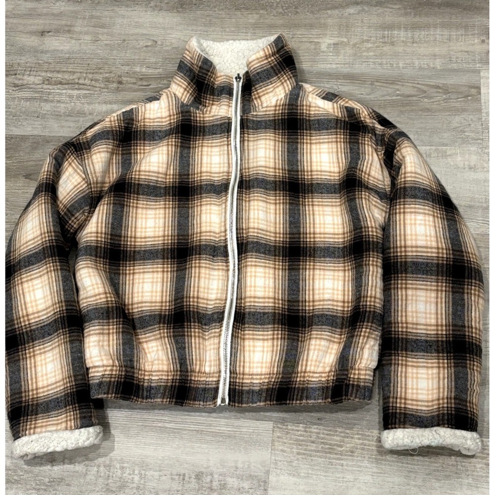 Love &Joy Gray/Brown/White Stripe Sherpa Jacket Sz Small Full Zip StandUp Collar